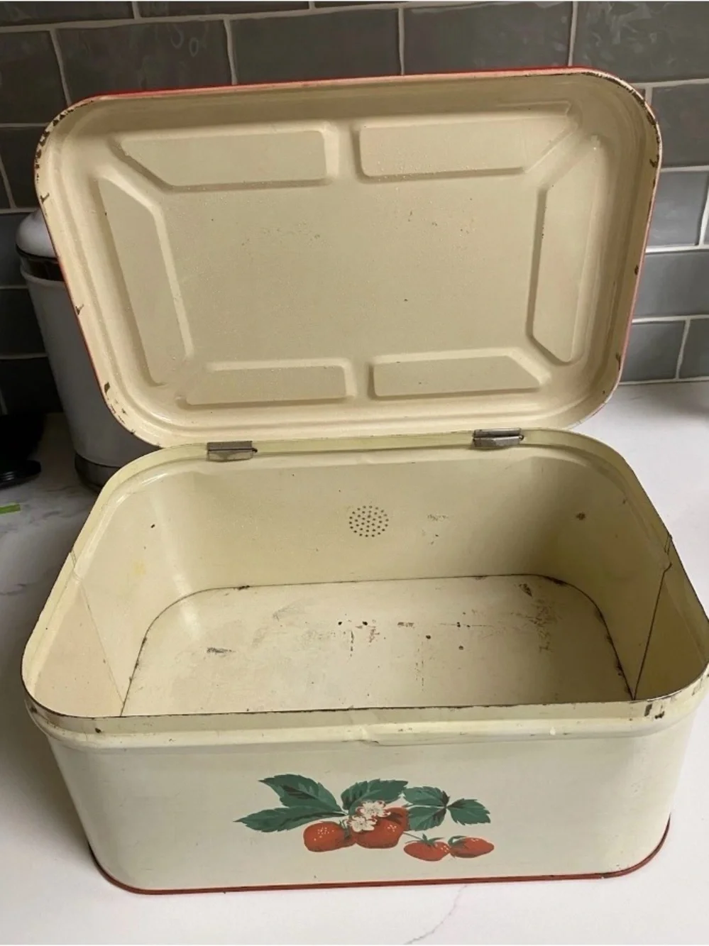 Vintage Strawberry Shabby Chic Hinged Red Metal Bread Box & Canister Set